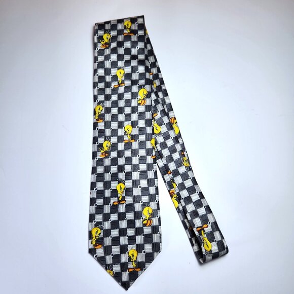 Warner Brothers Looney Tunes Tweety Bird Neck Tie 1999 Black and White Check - Picture 2 of 5